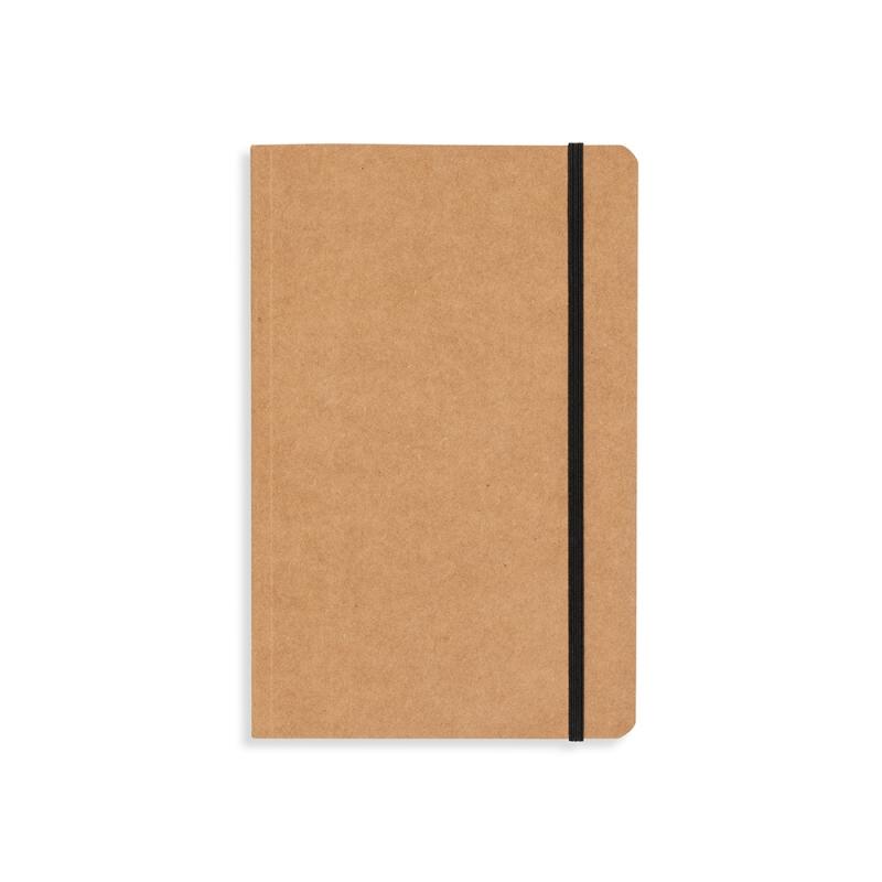 CADERNETA EM MATERIAL KRAFT FRENTE E VERSO LISO COM FITA ELÁSTICA PARA FECHAR