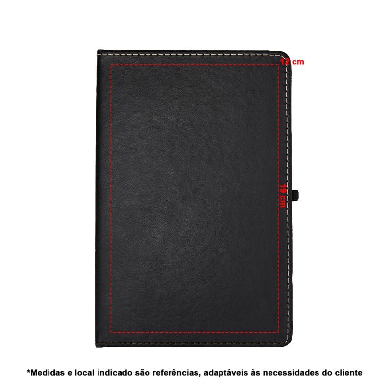 CADERNETA EM COURO SINTÉTICO COM PORTA CANETA, MARCA PÁGINA EM CETIM E ELÁSTICO PARA FECHO